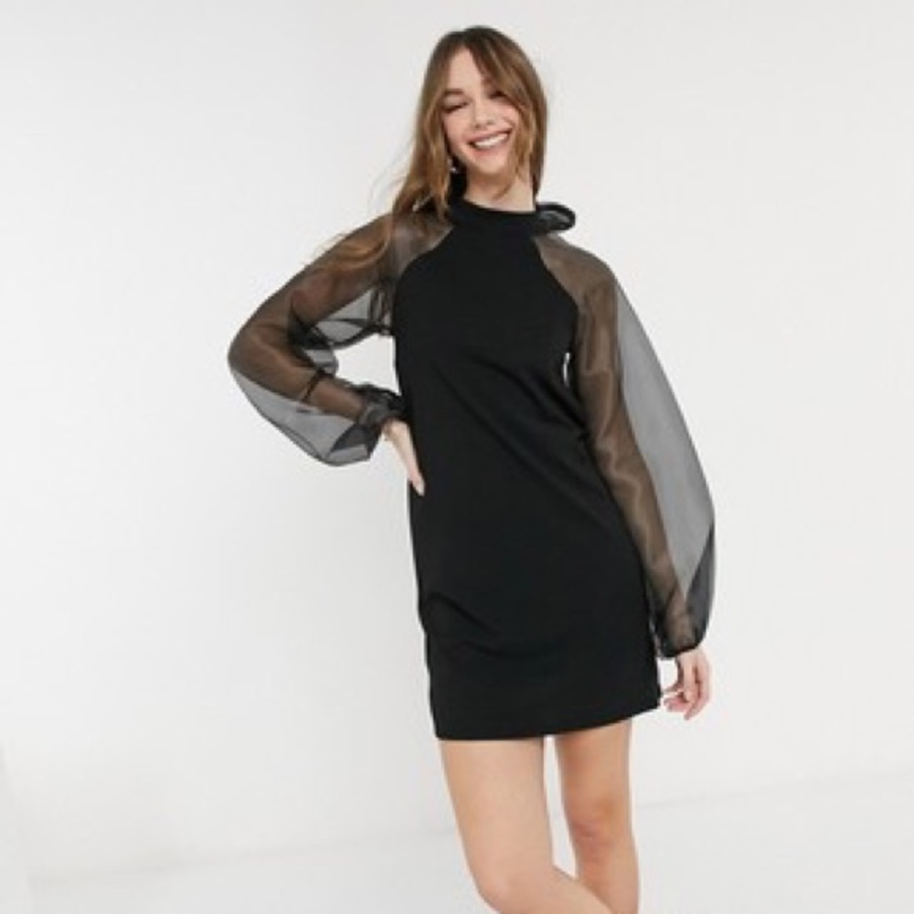 Zara Black Sheath Dress with Puff Sleeves and Bow